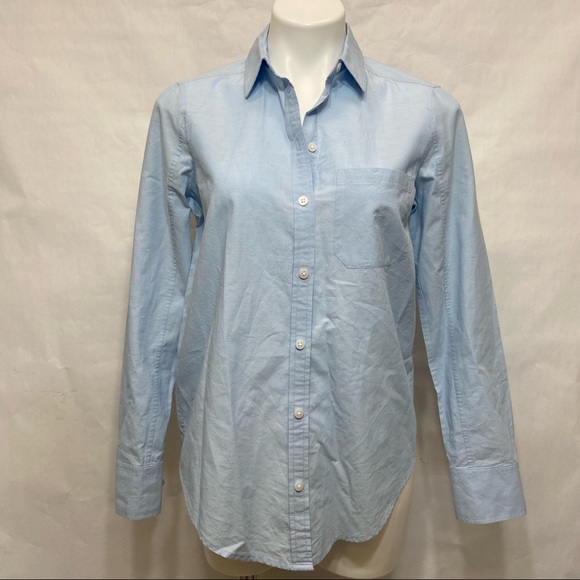 ATHLETA CHAMBRAY MARINWOOD STRIPED POPLIN RELAXED LIGHT BLUE BUTTON DOWN TOP - Picture 3 of 16